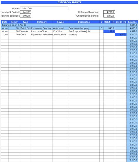 Excel Checkbook Template