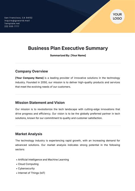Executive Summary For Business Plan Template