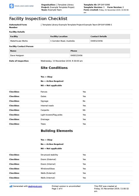 Facility Checklist Template