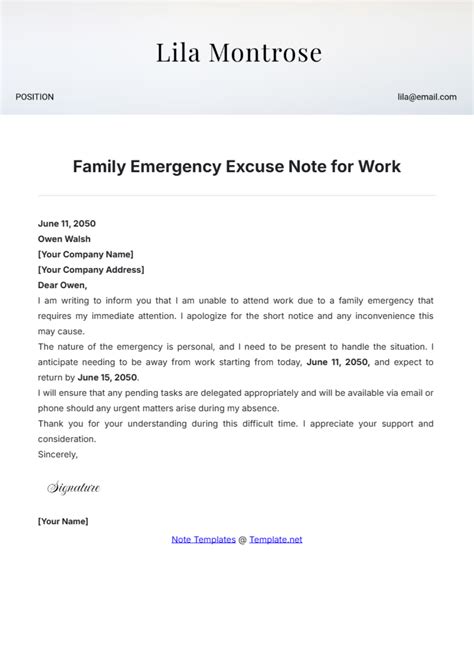 Family Member In Hospital Work Excuse Template