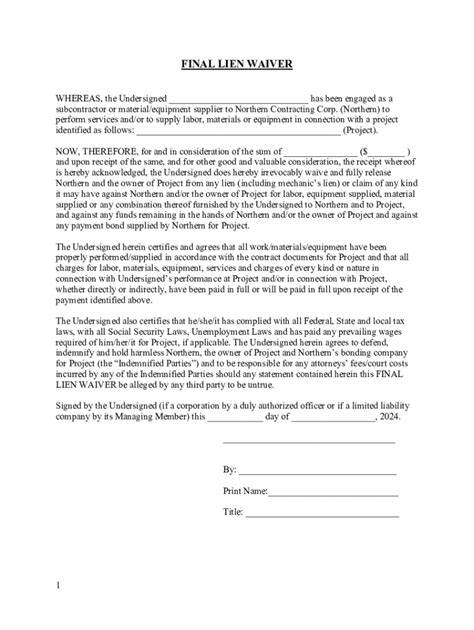Final Waiver Of Lien Wisconsin Printable Version