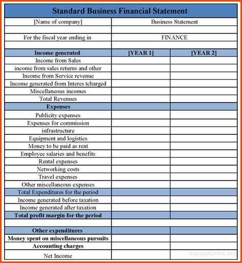 Financial Statement Template For Small Business