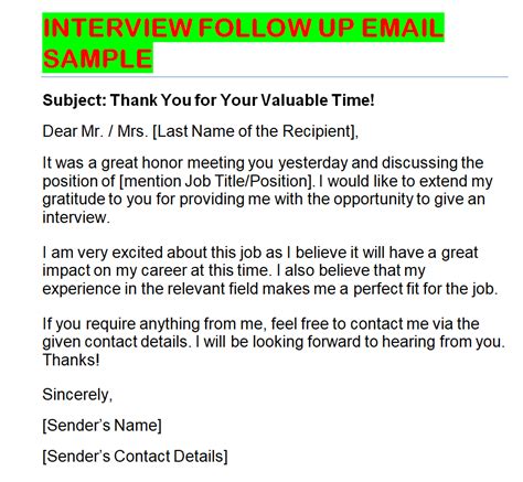Follow Up Email Template Interview