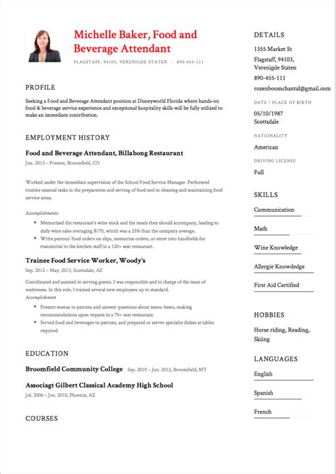 Food And Beverage Resume Templates