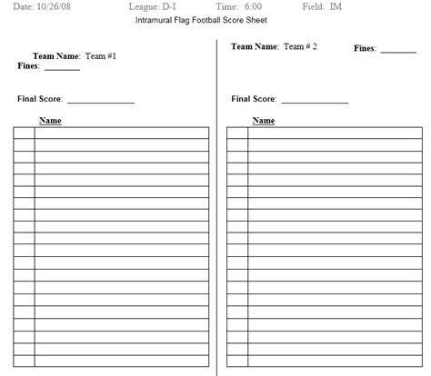 Football Score Sheet Printable