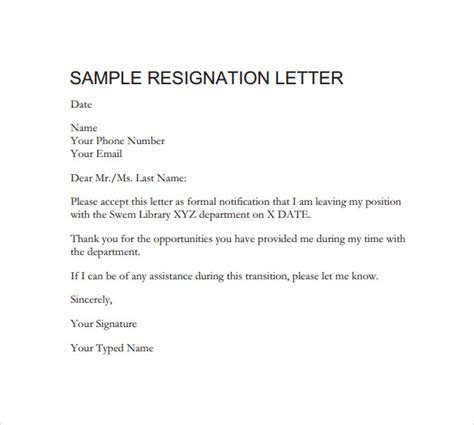 Formal Resignation Letter Template