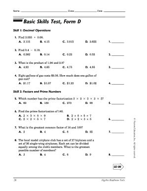 Free Basic Math Skills Assessment Printable