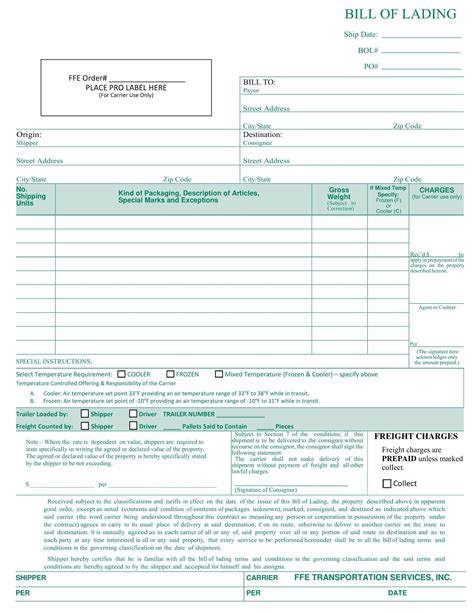 Free Bill Of Lading Template Word