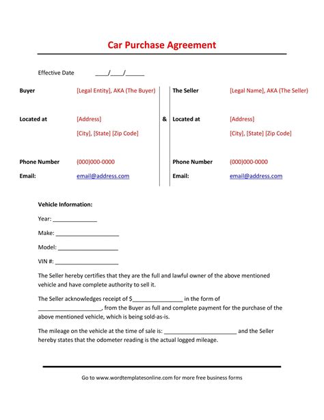 Free Car Purchase Agreement Template