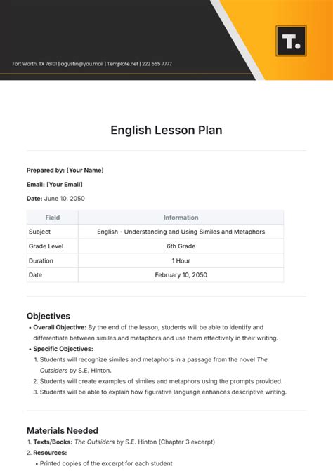 Free High School English Lesson Plan Template Texas