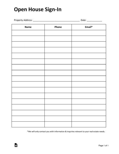 Free Open House Sign In Sheet Template