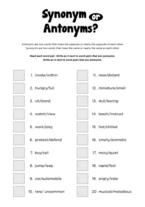 Free Printable Antonym Synonym Worksheets For 4th Grade