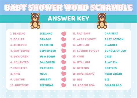 Free Printable Baby Shower Word Scramble With Answers