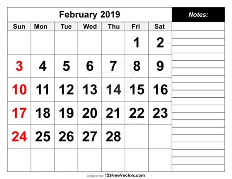 Free Printable Calendar With Notes Section February 2019 Vertial