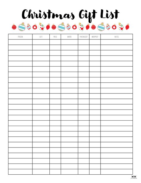 Free Printable Christmas Gift List Template