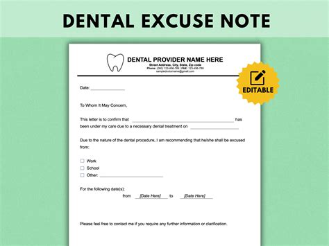 Free Printable Dental Excuse Note