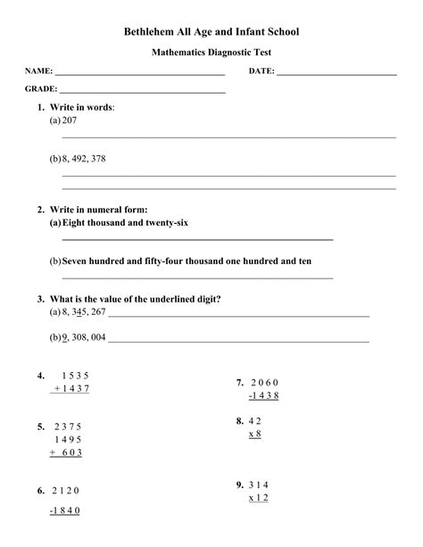 Free Printable Diagnostic Math Assessment