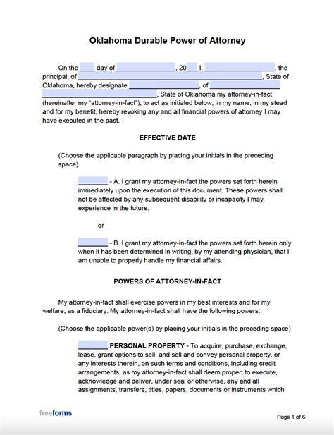 Free Printable Durable Power Of Attorney Oklahoma