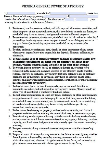 Free Printable General Power Of Attorney Form Virginia