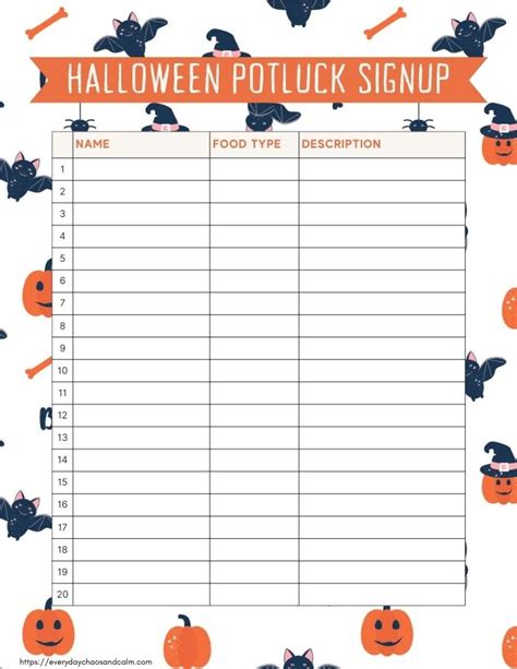 Free Printable Halloween Potluck Sign Up Sheet Printable