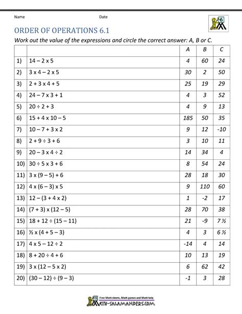 Free Printable Math Worksheets 6th Grade Order Operations