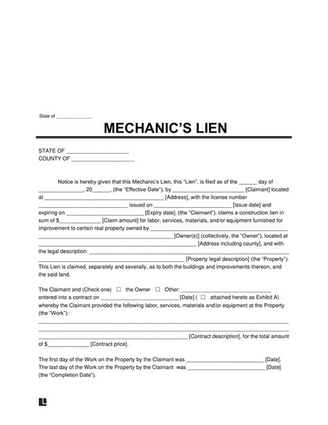 Free Printable Mechanics Lien Form