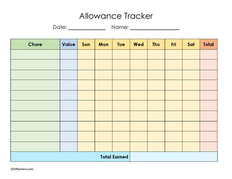 Free Printable Money Chore Chart Allowance