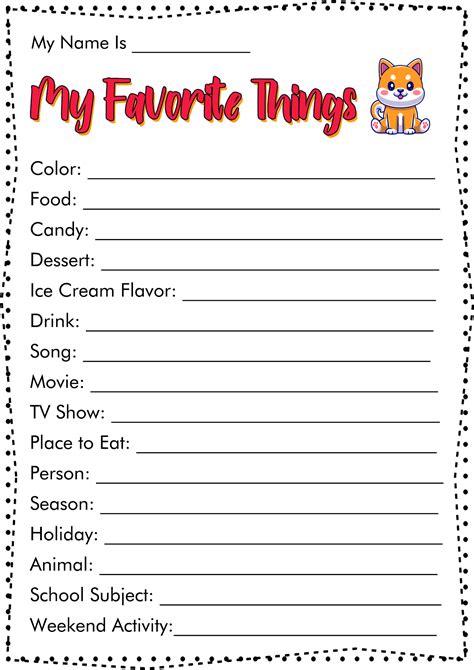 Free Printable My Favorite Things Worksheet