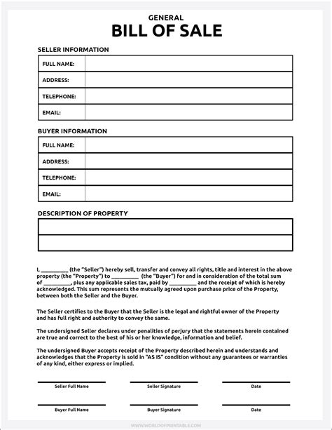Free Printable Template For Bill Of Sale