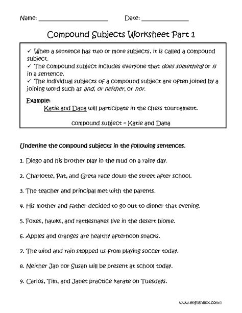 Free Printable Worksheets Compound Subjects He And I