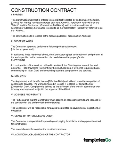 Free Sample Construction Contract Template
