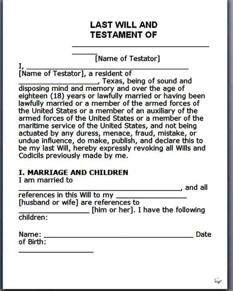 Free Will And Testament Forms Printable