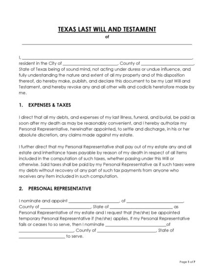 Free Will Template Texas