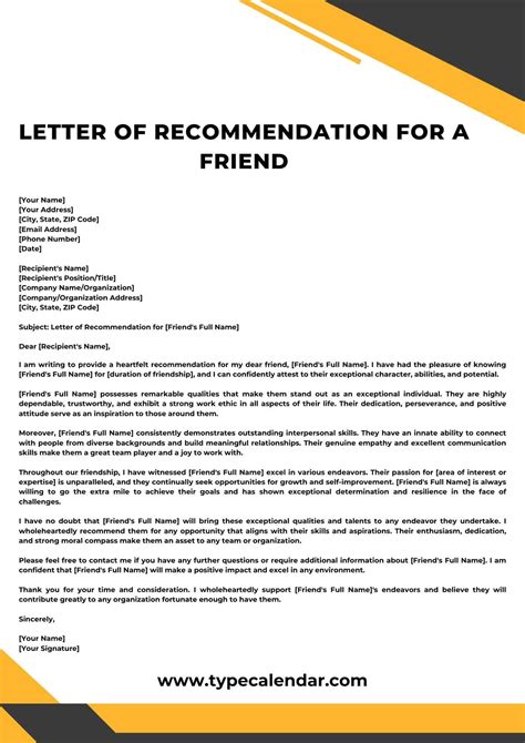 Friend Letter Of Recommendation Template