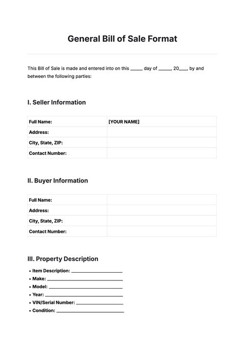 General Bill Of Sale Template
