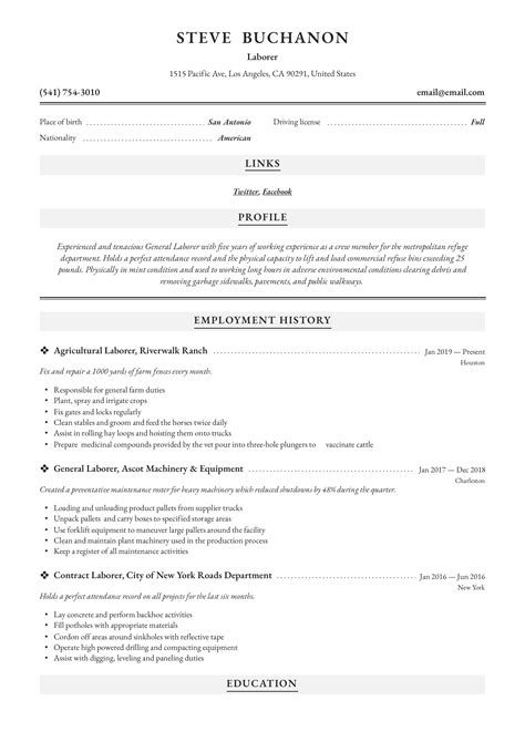 General Labor Resume Template Word