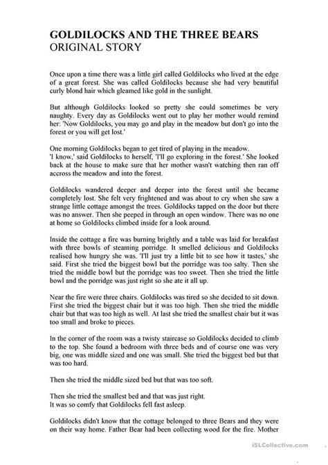 Goldilocks And The Three Bears Short Story Printable