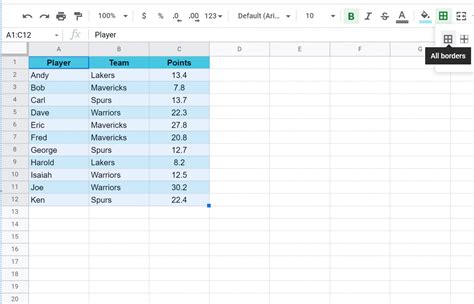 Google Sheet Table Template