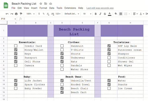 Google Sheets Packing List Template