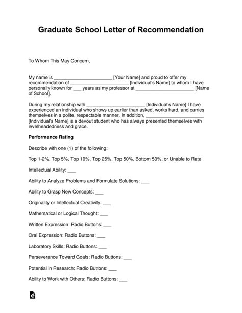 Graduate Letter Of Recommendation Template