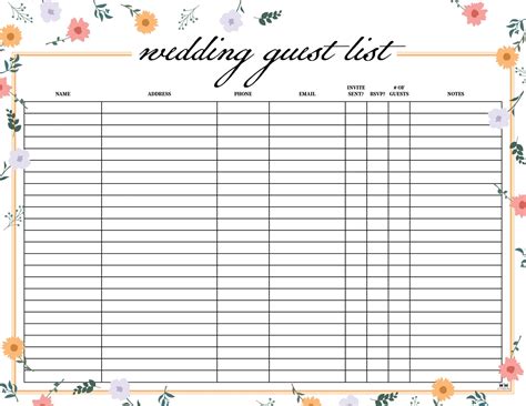 Guest List For Wedding Template