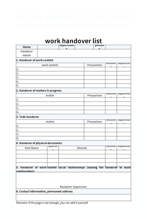 Handover Of Work Responsibilities Template
