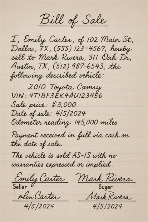 Handwritten Bill Of Sale Template