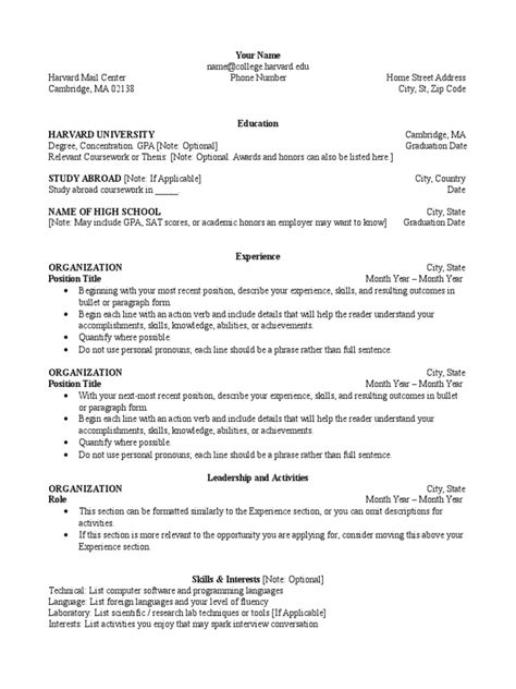 Harvard College Resume Template