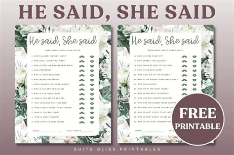 He Said She Said Bridal Shower Game Printable