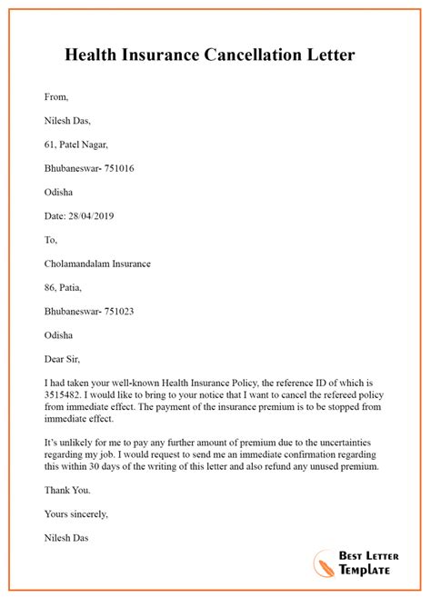 Health Insurance Cancellation Letter Template
