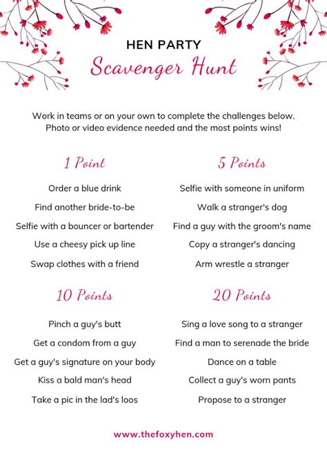 Hen Party Scavenger Hunt Printable