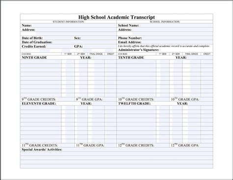 High School Transcript Template Free