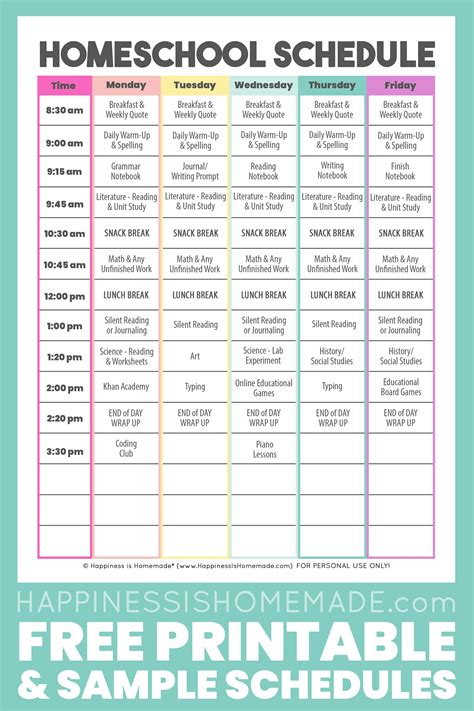 Homeschool Daily Schedule Template