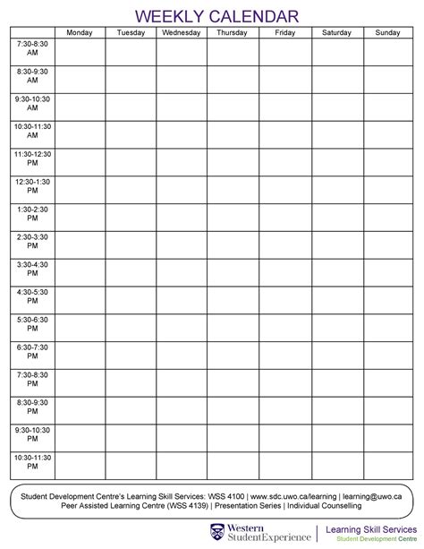 Hourly Timetable Template